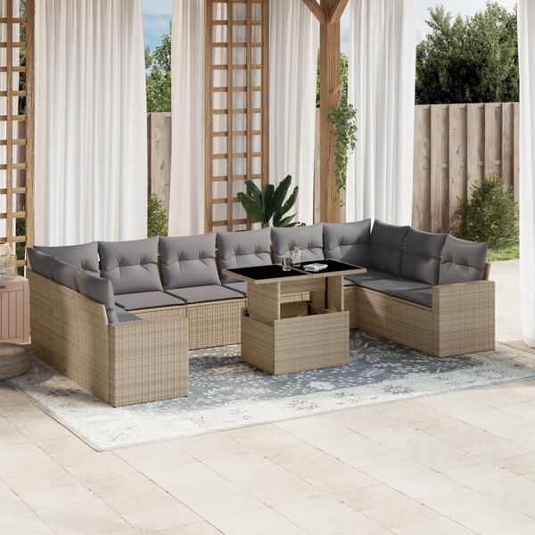 vidaXL 11-delige Tuinset met kussens poly rattan beige