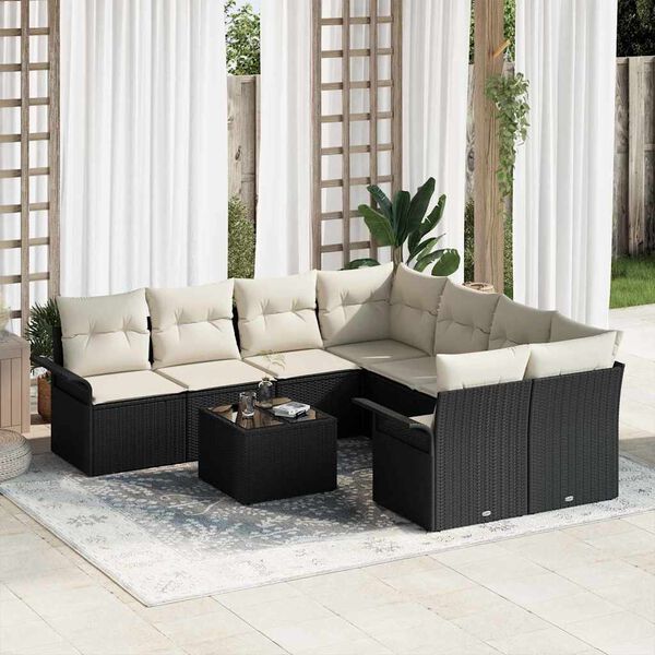 vidaXL Tuin Sofa Set 9 pcs Zwart en Cr&egrave;me Poly rattan, staal en glas