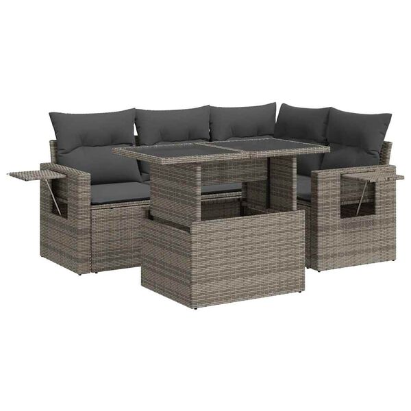 vidaXL 5-delige Loungeset met kussens poly rattan grijs