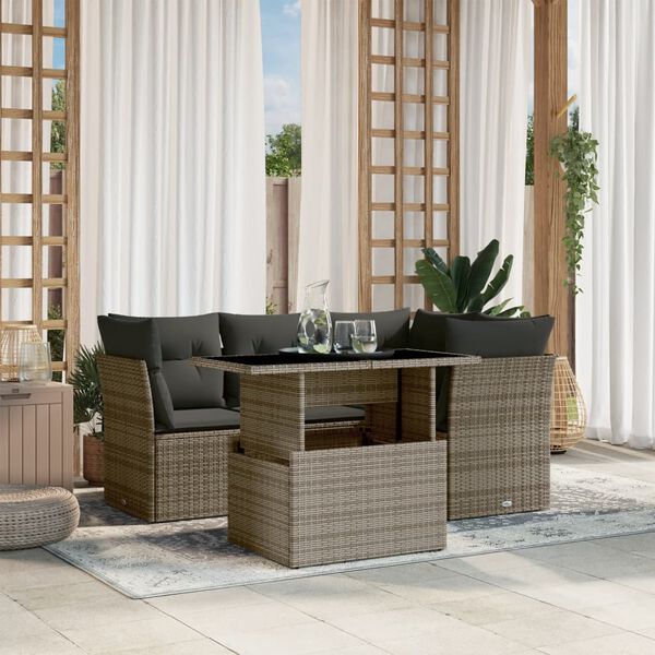 vidaXL 5-delige Loungeset met kussens poly rattan grijs