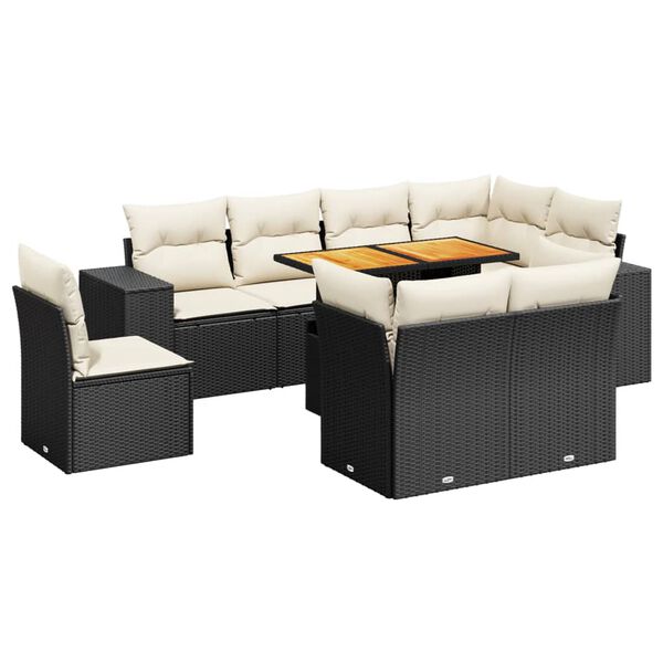 vidaXL 9-delige Loungeset met kussens poly rattan zwart