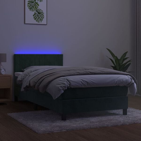 vidaXL Boxspring met matras en LED fluweel donkergroen 90x200 cm