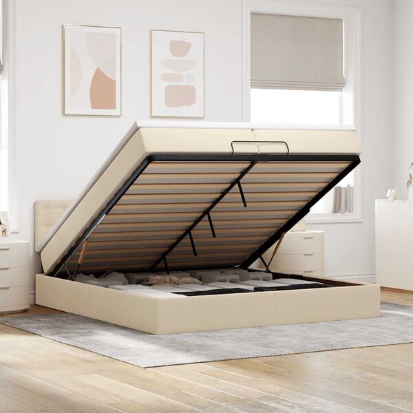 vidaXL Ottoman bed met matras 200x200 cm stof cr&egrave;mekleurig