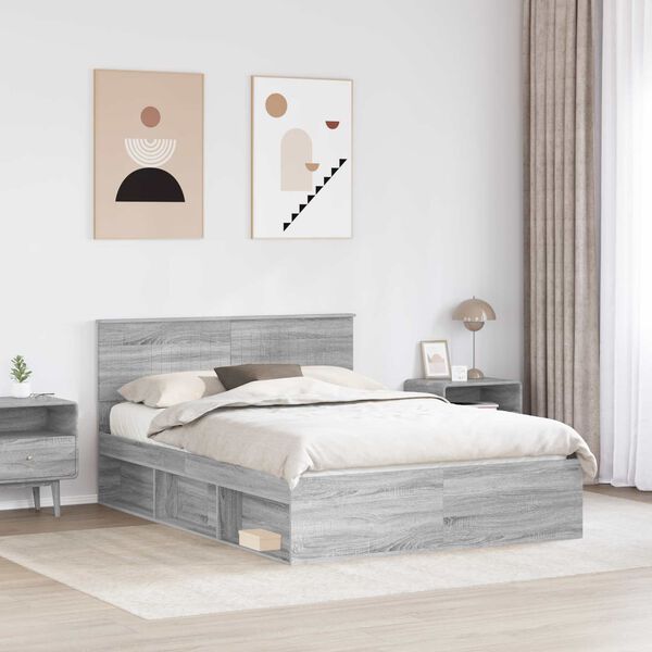 vidaXL Bedframe Grijs Sonoma 135 x 190 cm Massief grenenhout