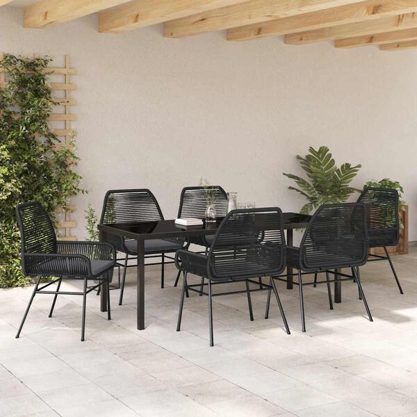 vidaXL Tuin eettafelset met kussen 7 pcs Zwart poly rattan