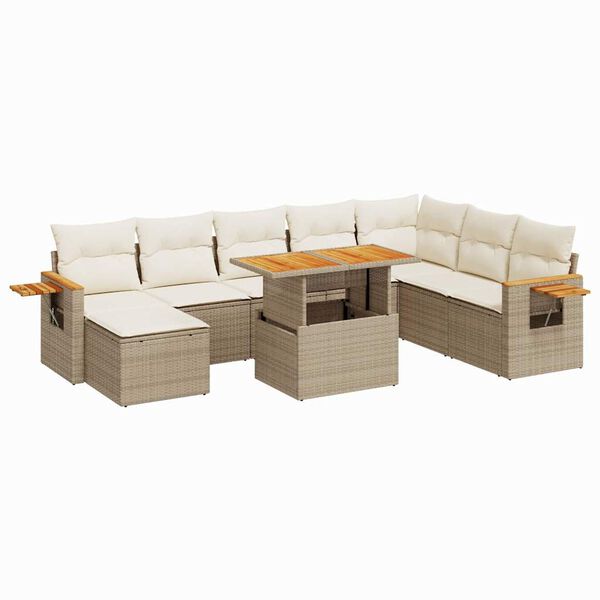 vidaXL 9-delige Loungeset met kussens poly rattan acacia beige