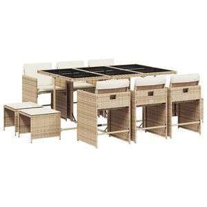 vidaXL 11-delige Tuinset met kussens poly rattan beige