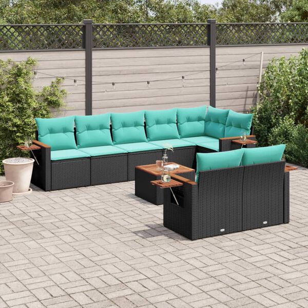 vidaXL 9-delige Loungeset met kussens poly rattan zwart