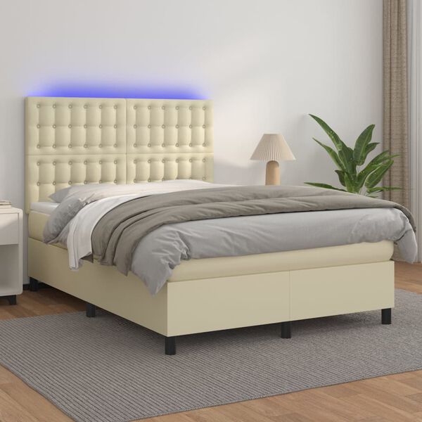 vidaXL Boxspring met matras en LED kunstleer cr&egrave;mekleurig 140x200 cm