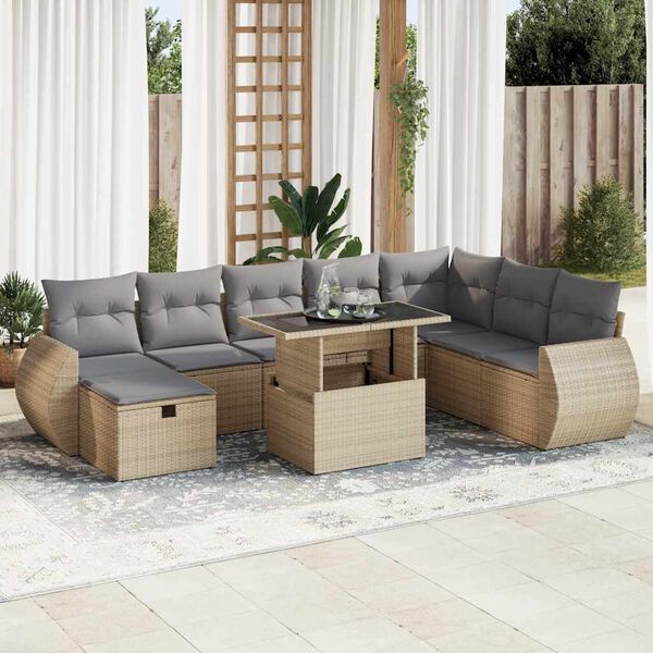 vidaXL 9-delige Loungeset met kussens poly rattan beige