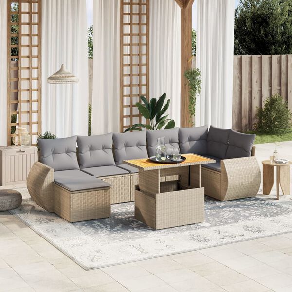 vidaXL 8-delige Loungeset met kussens poly rattan beige