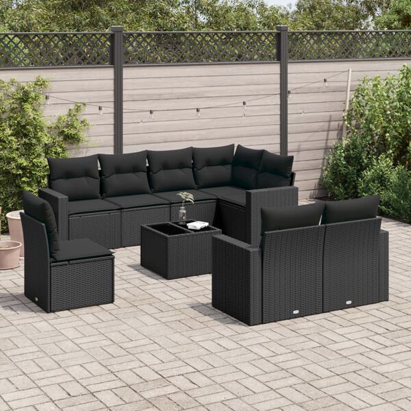 vidaXL 9-delige Loungeset met kussens poly rattan zwart