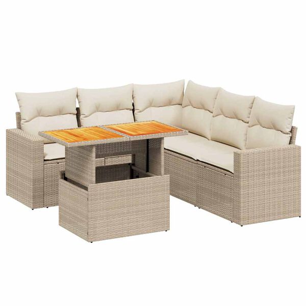 vidaXL 6-delige Loungeset met kussens poly rattan beige