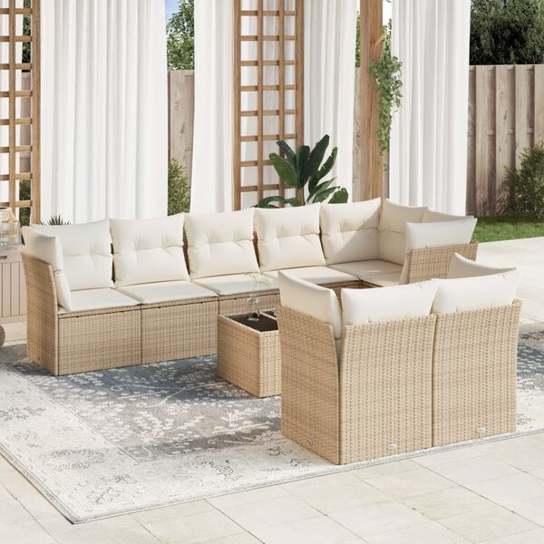 vidaXL 9-delige Loungeset met kussens poly rattan beige
