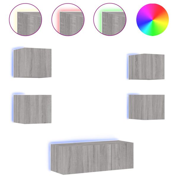 vidaXL 6-delige Tv-wandmeubelset met LED grijs sonoma eikenkleurig