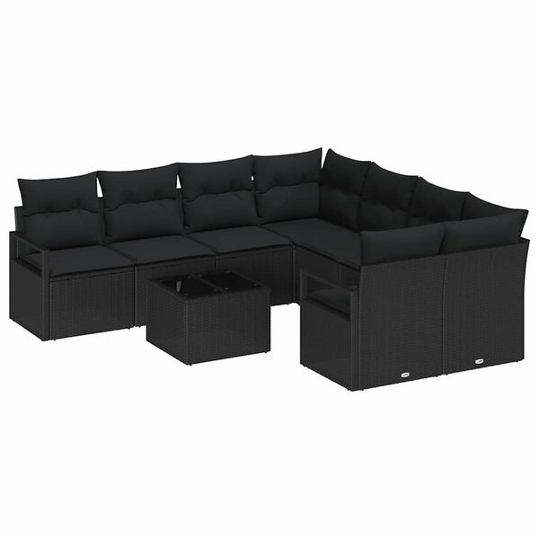 vidaXL Bankstel met kussen 9 pcs Zwart poly rattan