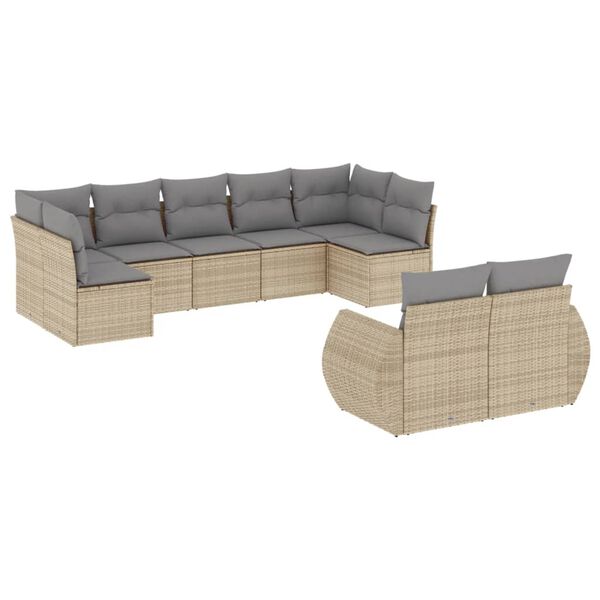 vidaXL 9-delige Loungeset met kussens poly rattan beige