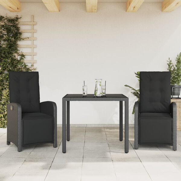 vidaXL 3-delige Bistroset met kussens poly rattan zwart
