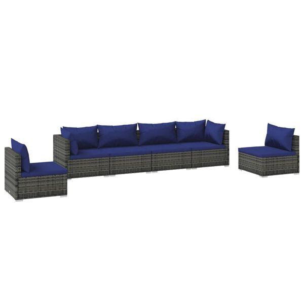 vidaXL 6-delige Loungeset met kussens poly rattan grijs