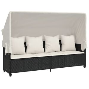 vidaXL Ligbed met luifel en kussens poly rattan zwart