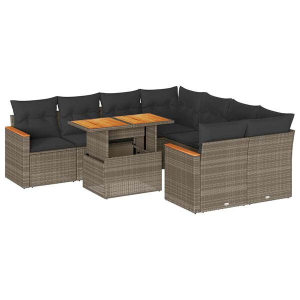 vidaXL 9-delige Loungeset met kussens poly rattan acacia grijs