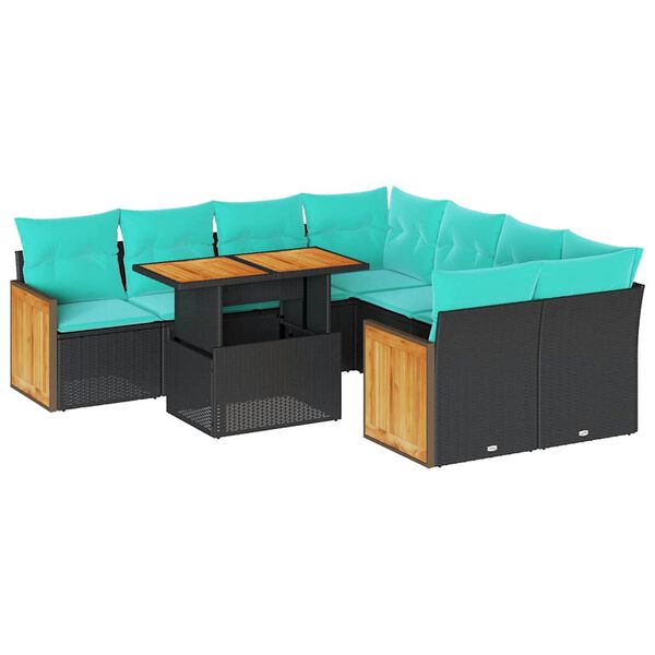 vidaXL 9-delige Loungeset met kussens poly rattan acacia zwart