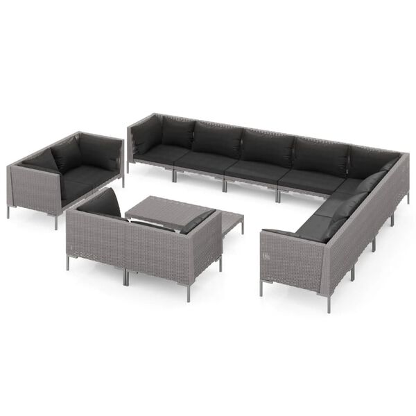 vidaXL 13-delige Loungeset met kussens poly rattan donkergrijs