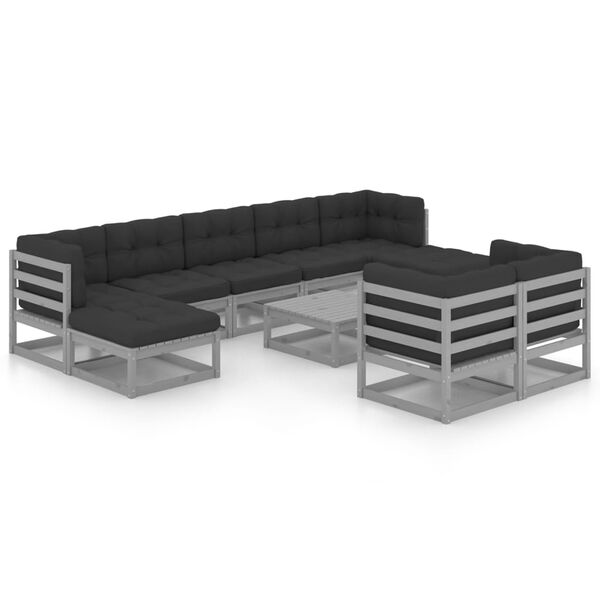 vidaXL 10-delige Loungeset met kussens massief grenenhout grijs