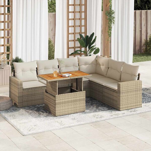 vidaXL 7-delige Loungeset met kussens poly rattan beige