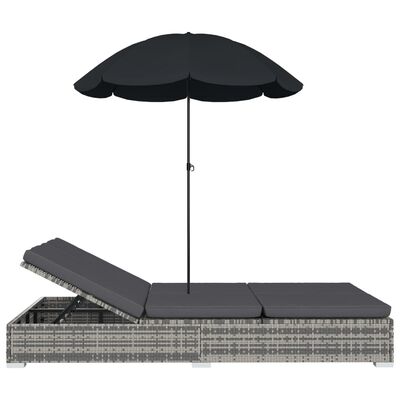 vidaXL Loungebed met parasol poly rattan grijs