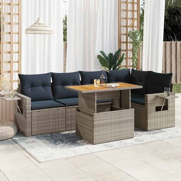 vidaXL 6-delige Loungeset met kussens poly rattan grijs