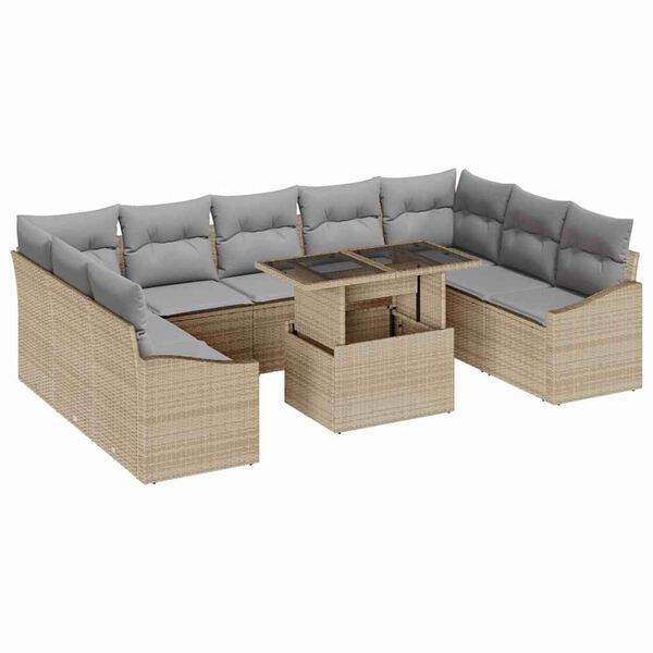 vidaXL Bankstel met kussen 10 pcs Beige en Licht Grijs poly rattan