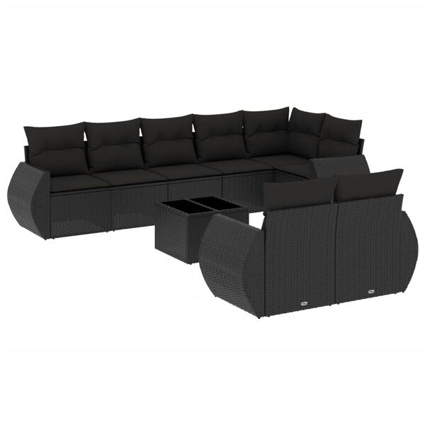 vidaXL 9-delige Loungeset met kussens poly rattan zwart