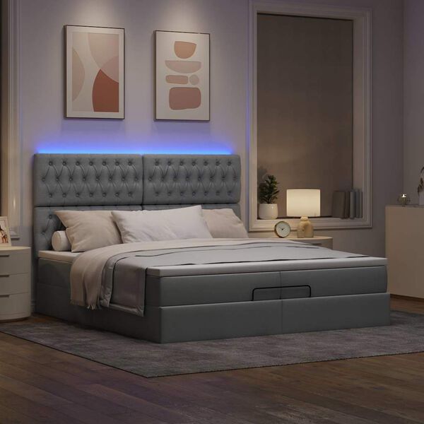 vidaXL Ottoman bed met matrassen en LED's 200x200cm stof lichtgrijs