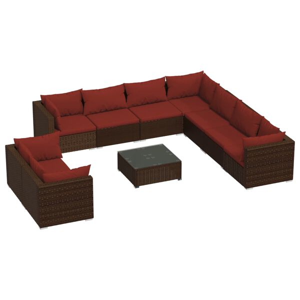 vidaXL 10-delige Loungeset met kussens poly rattan bruin