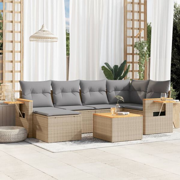 vidaXL 7-delige Loungeset met kussens poly rattan beige