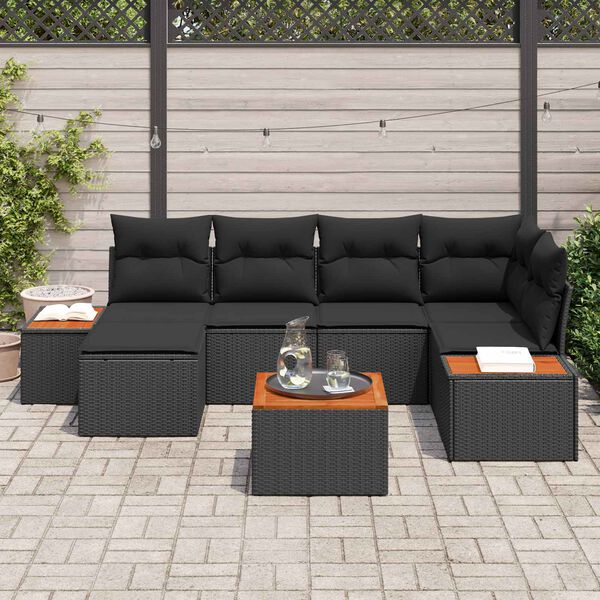 vidaXL Tuinbankenset met kussen met opslag 7 pcs Zwart Polyrattan