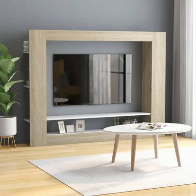 vidaXL Tv-meubel 152x22x113 cm bewerkt hout wit en sonoma eikenkleurig