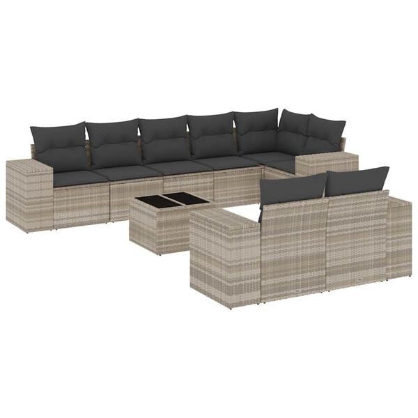 vidaXL 9-delige Loungeset met kussens poly rattan lichtgrijs