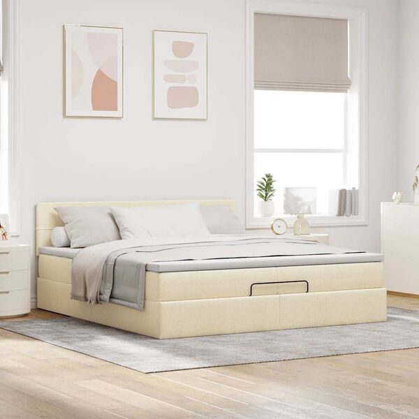 vidaXL Ottoman bed met matras 200x200 cm stof cr&egrave;mekleurig