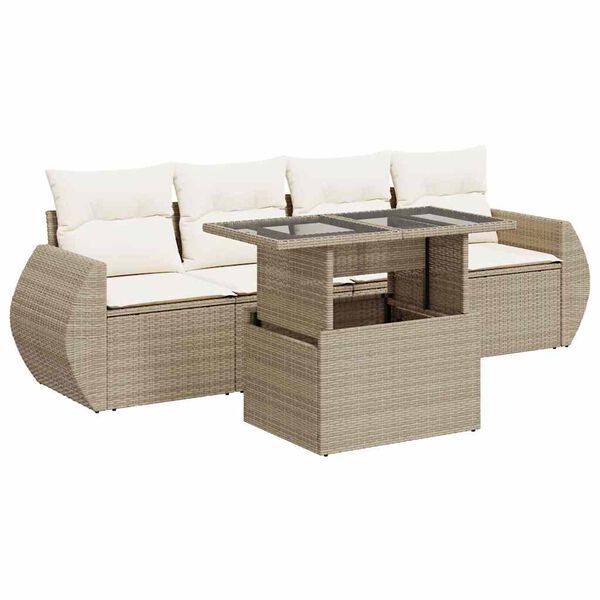 vidaXL 5-delige Loungeset met kussens poly rattan beige
