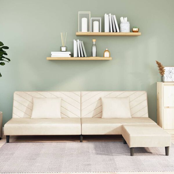 vidaXL Slaapbank 2-zits met 2 kussens en voetenbank fluweel cr&egrave;mekleur