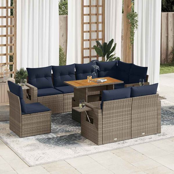 vidaXL 9-delige Loungeset met kussens poly rattan grijs