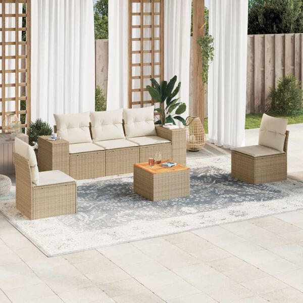 vidaXL 6-delige Loungeset met kussens poly rattan beige