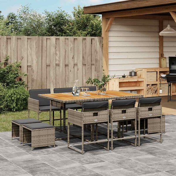 vidaXL 11-delige Tuinset met kussens poly rattan grijs