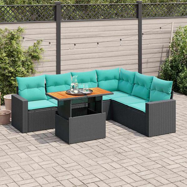vidaXL 7-delige Loungeset met kussens poly rattan zwart
