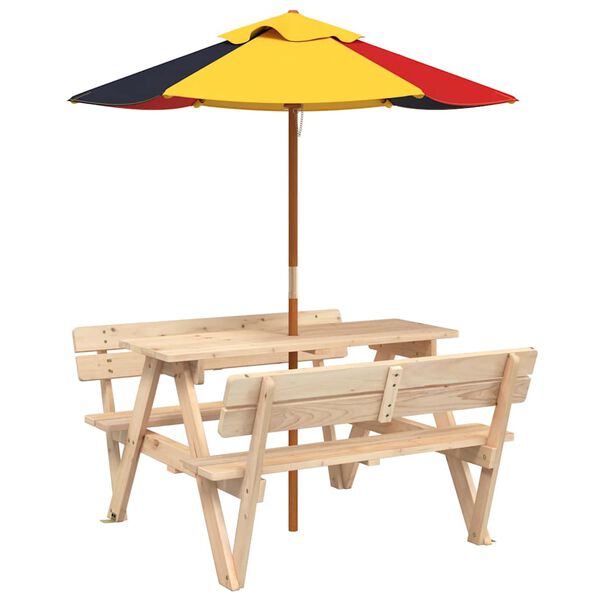 vidaXL Picknicktafel voor 4 kinderen met parasol massief vurenhout