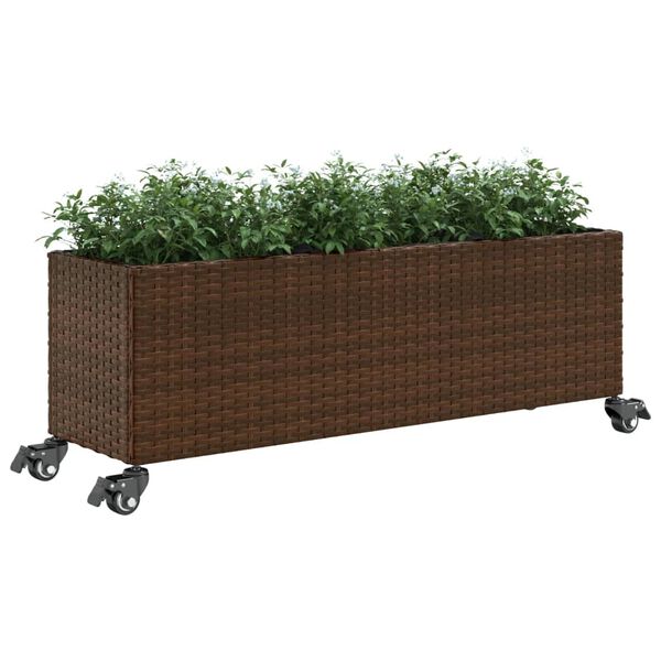 vidaXL Plantenbak met wielen 3 potten 107x32x38 cm poly rattan bruin