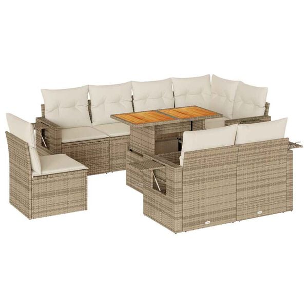 vidaXL 9-delige Loungeset met kussens poly rattan beige