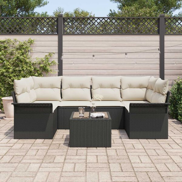 vidaXL Tuin Sofa Set 7 pcs Zwart en Cr&egrave;me Poly rattan, staal en glas